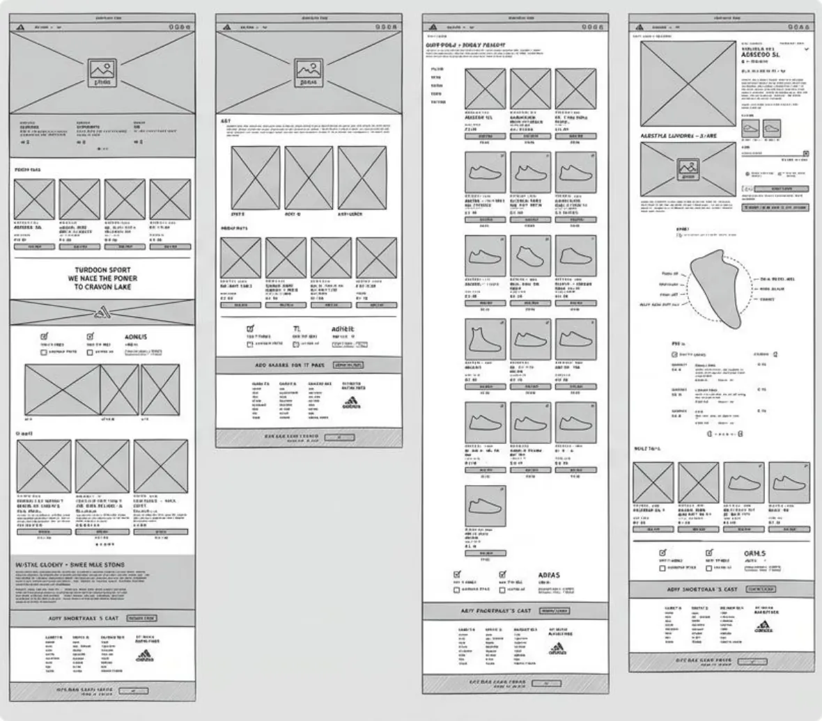 Grayscale wireframes of the Adidas home page, listing page and product page on desktop and mobile