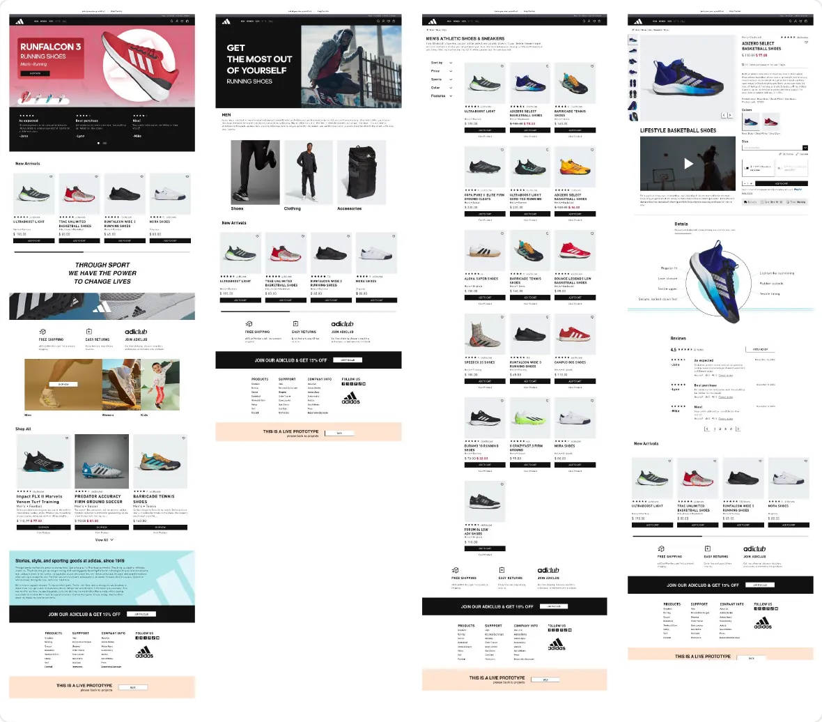 Final Adidas designs on desktop and mobile: home page with featured shoes, category page and product listing