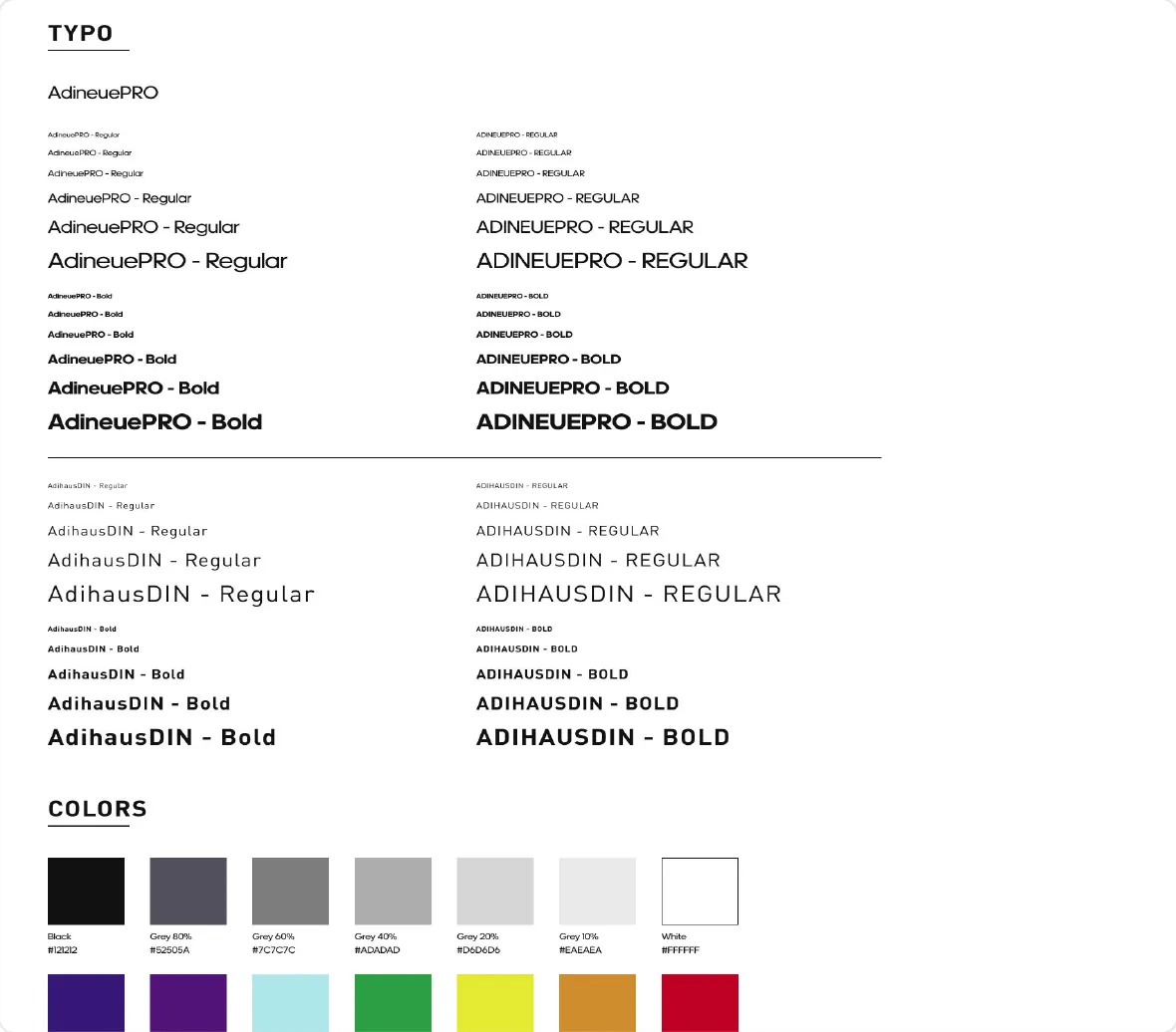 Typography and color foundations: AdineuePRO and AdihausDIN type styles in regular and bold, and the color palette from black to white, purple, turquoise, green, yellow, orange and red