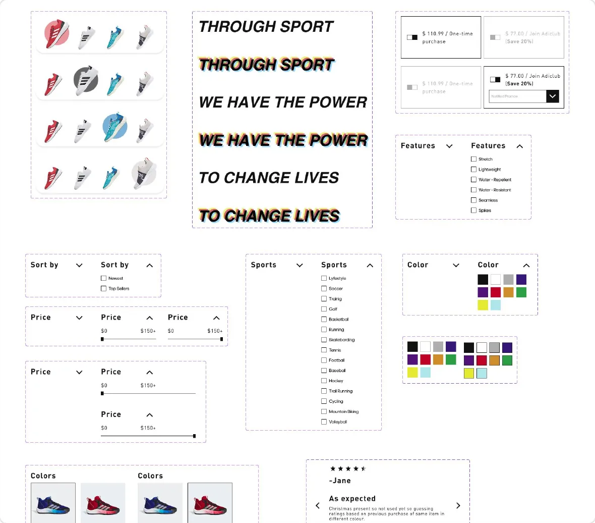 Component specimens: shoe thumbnail selector, headline styles, price options, feature and filter dropdowns, sort, price slider, sports and color filters, and a review card