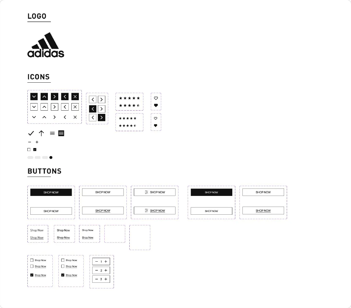 Logo, icons and buttons: the Adidas logo, arrow, chevron, rating and heart icons, and primary, secondary and checkbox button states