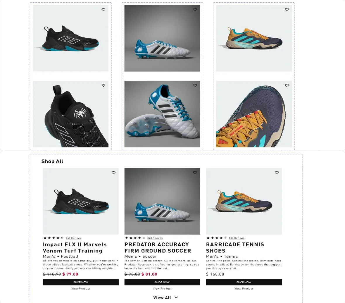 Product card component: a row of shoe images and a Shop All grid of product cards with ratings, name, category, price and Shop Now button