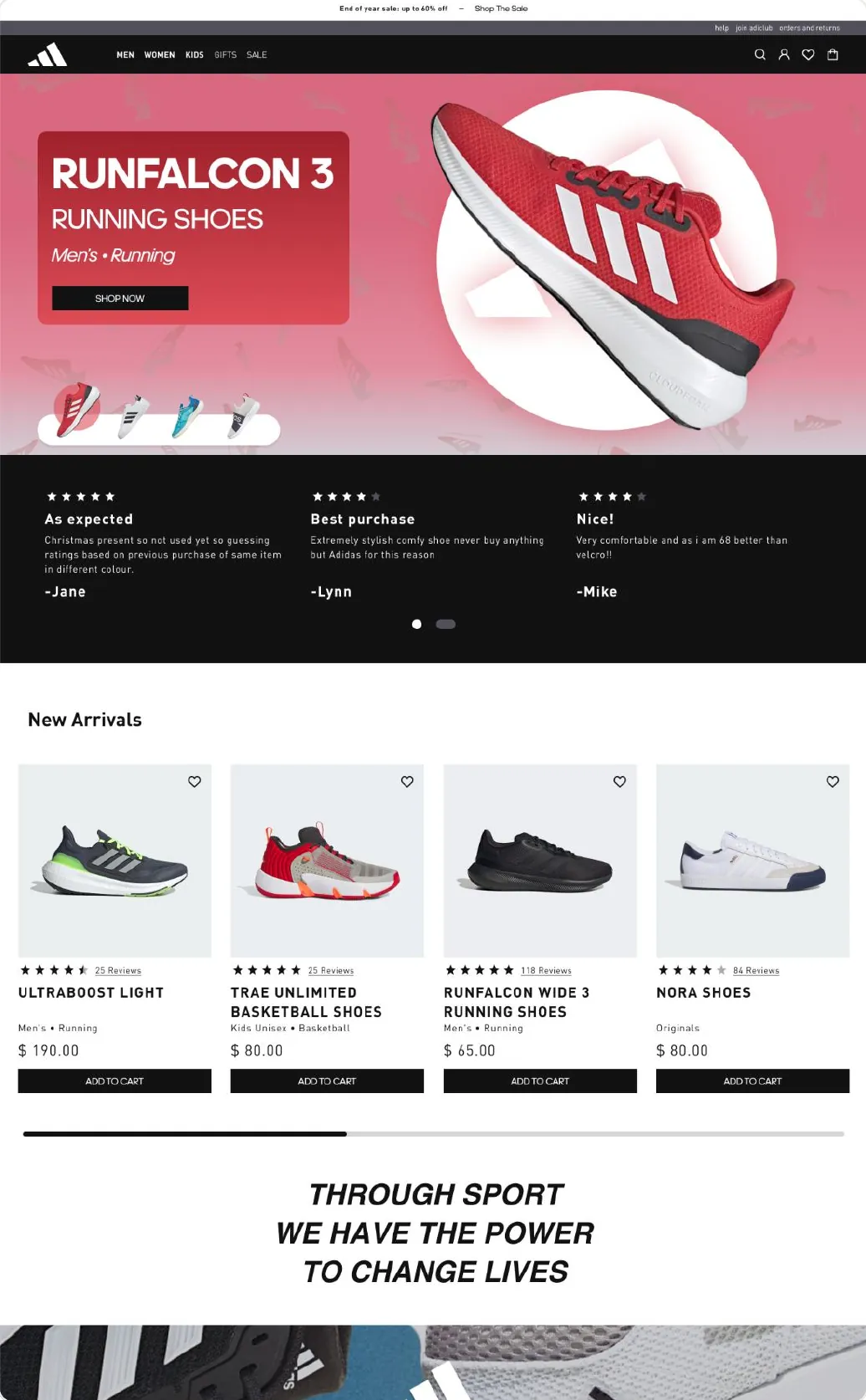 The Adidas home page design: Runfalcon 3 hero, customer review strip, New Arrivals product row and the Through Sport, We Have the Power, To Change Lives banner