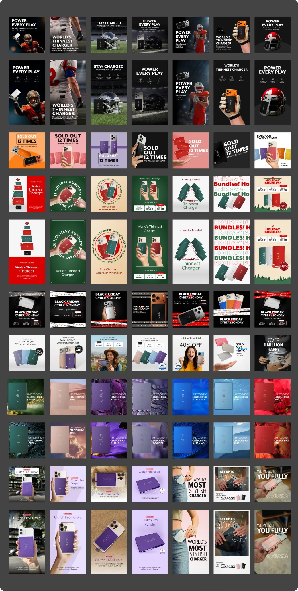 Grid of ad creatives for Clutch Charger: Power Every Play, Sold Out 12 Times, Holiday Bundles, Black Friday and Cyber Monday, Prime Time sale, limited-drop colors and Clutch Pro Purple, in square and vertical formats