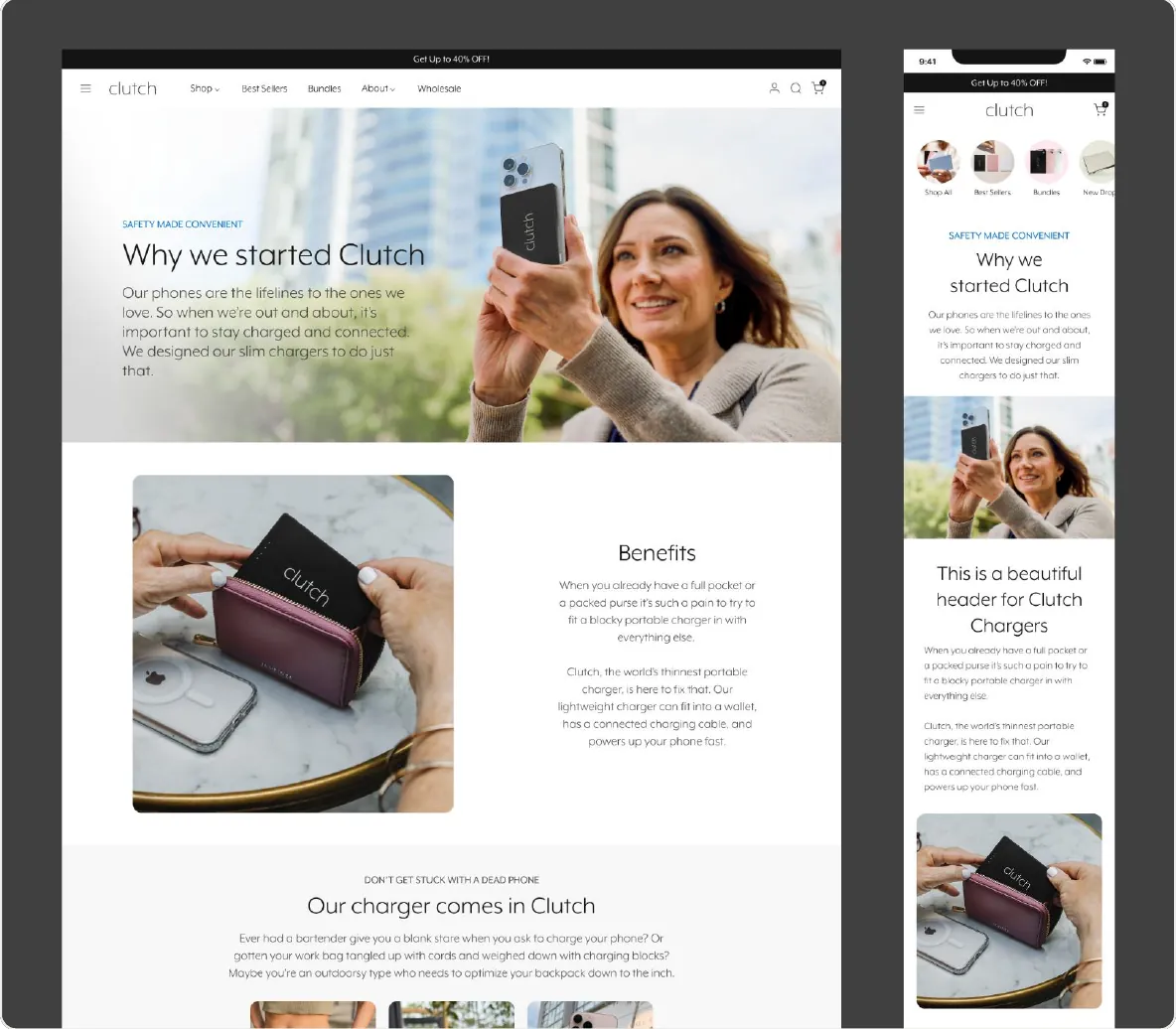 Figma frame: About page on desktop and mobile with the headline Why we started Clutch, a benefits section and a section titled Our charger comes in Clutch