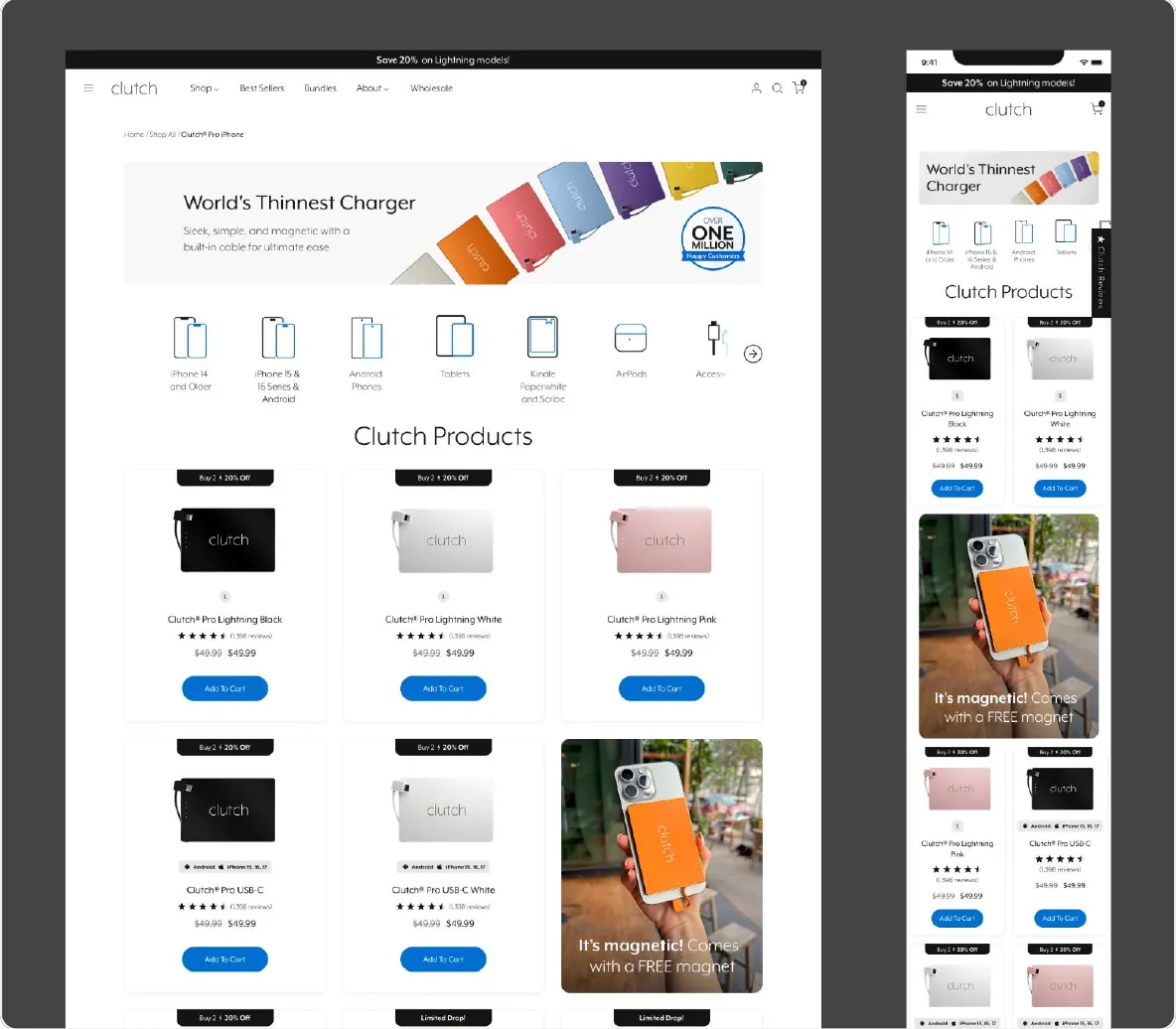 Figma frame: Clutch Products listing on desktop and mobile with a category icon row and a grid of charger product cards