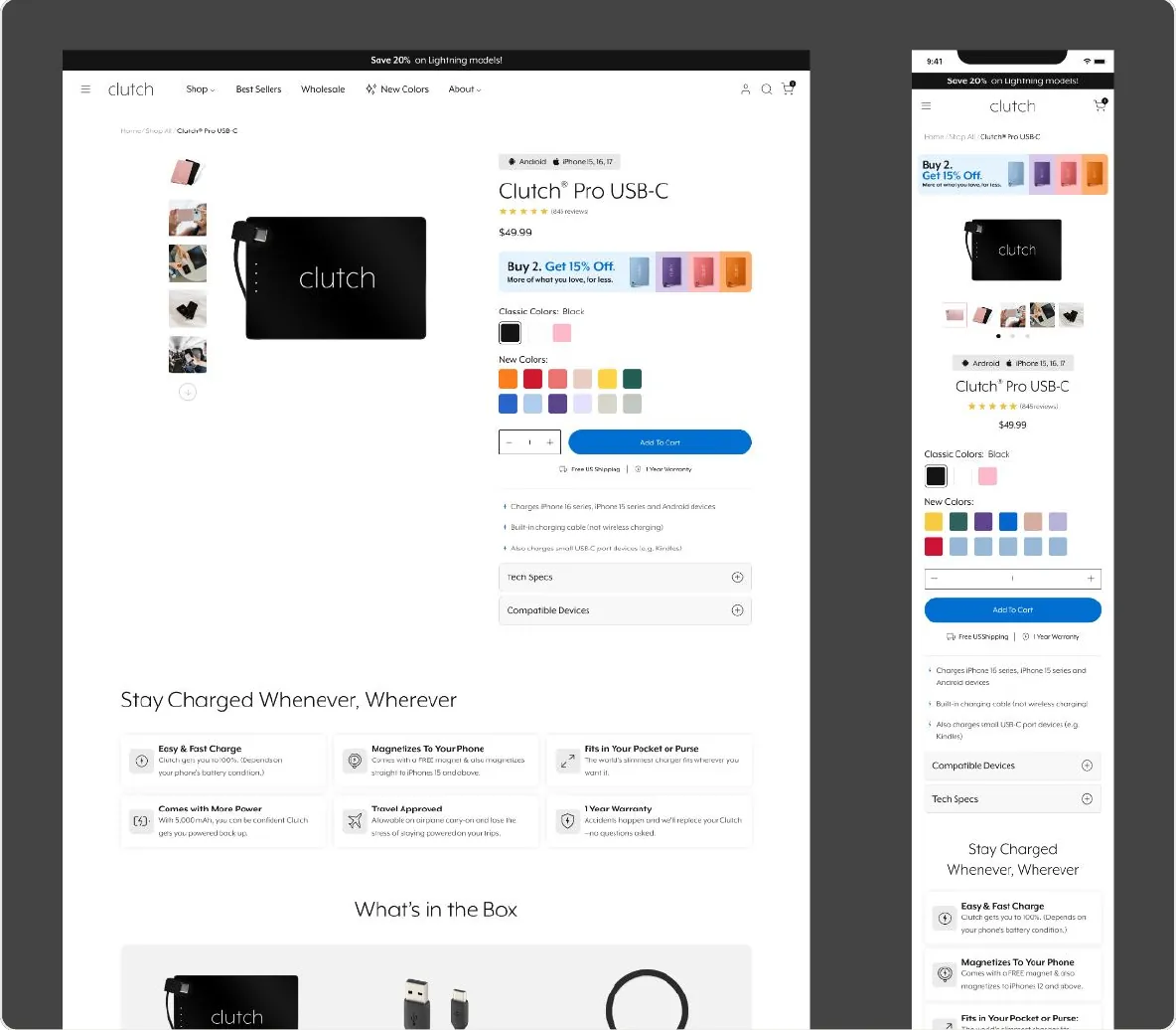 Figma frame: Clutch Pro USB-C product page on desktop and mobile with gallery, color swatches, add-to-cart and a Stay Charged Whenever, Wherever feature section