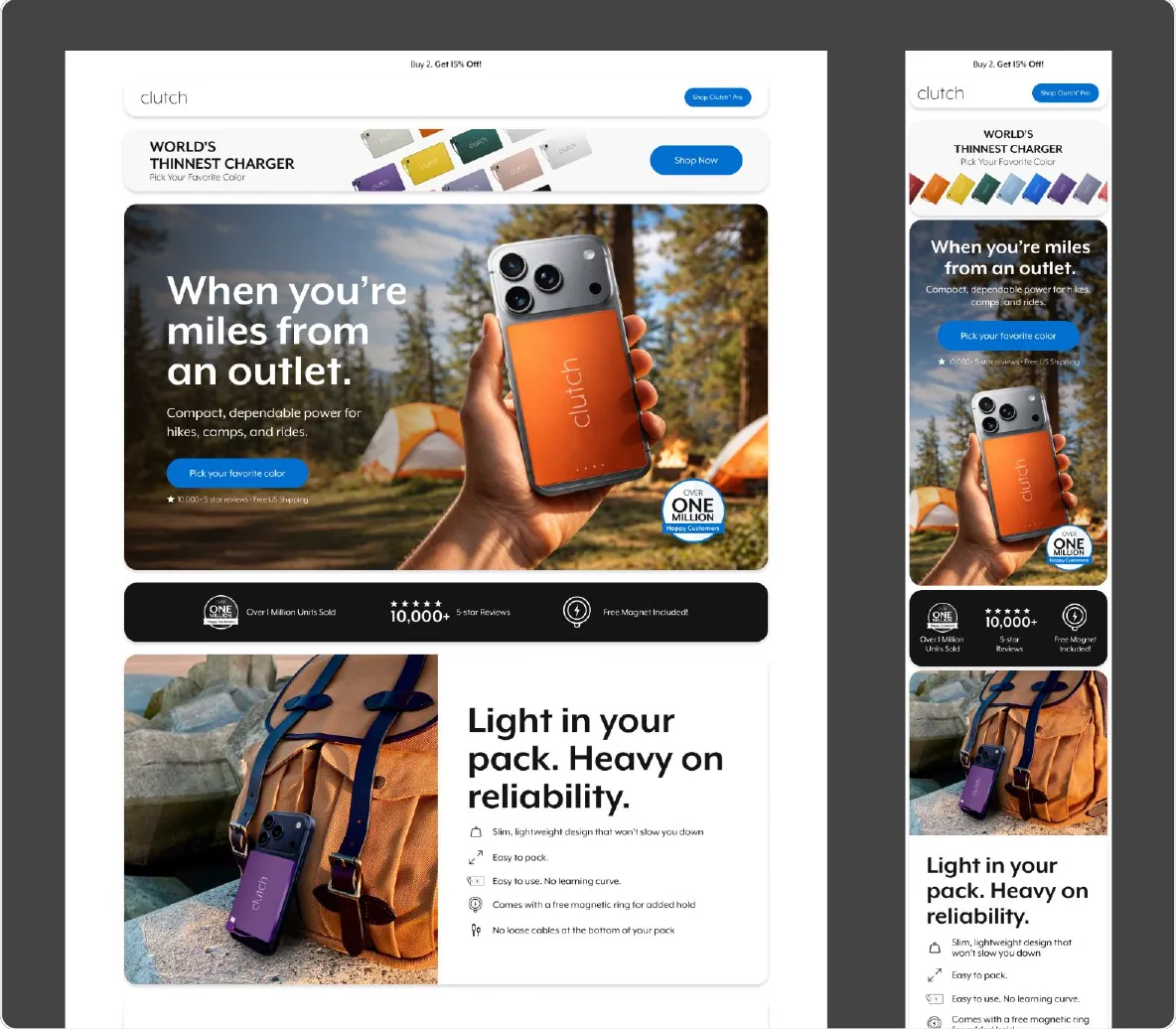 Figma frame: campaign landing page on desktop and mobile with the headline When you are miles from an outlet and a Light in your pack, Heavy on reliability feature block