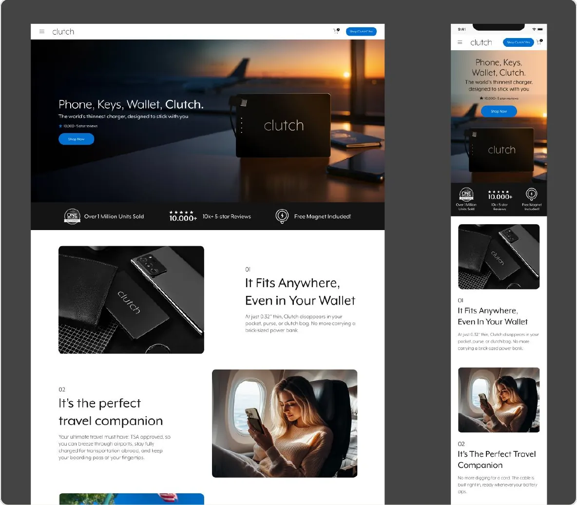 Figma frame: landing page on desktop and mobile with the headline Phone, Keys, Wallet, Clutch and feature rows Fits Anywhere and The perfect travel companion