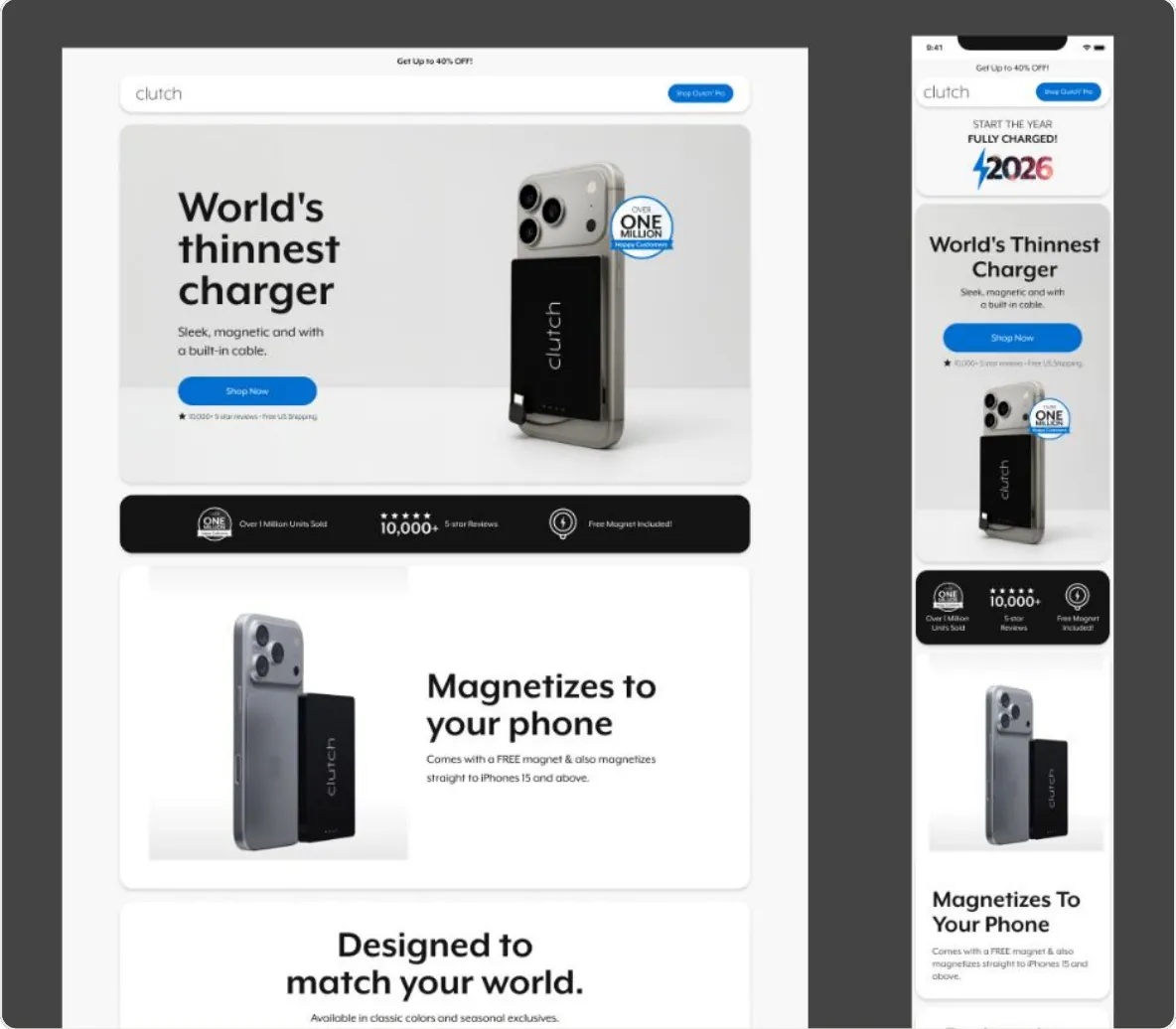 Figma frame: landing page on desktop and mobile with the headline World’s thinnest charger and a Magnetizes to your phone section