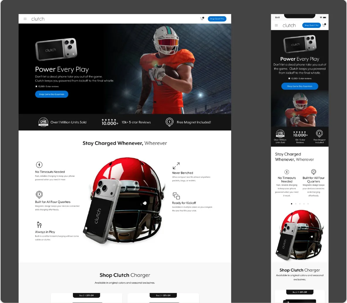 Figma frame: football season landing page on desktop and mobile with the headline Power Every Play and a charger on a football helmet