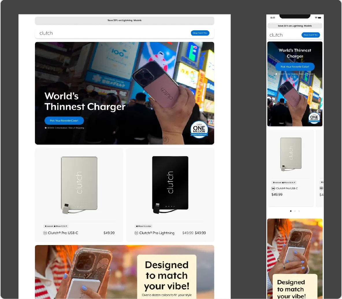 Figma frame: landing page on desktop and mobile with the headline World’s Thinnest Charger, product cards and a Designed to match your vibe banner
