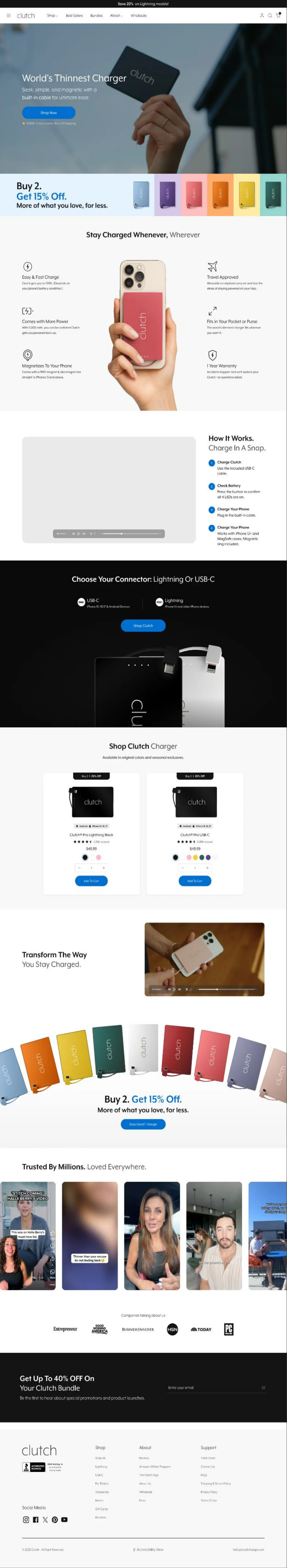 Full-length screenshot of the Figma design of the Clutch Charger home page, matching the live site section by section