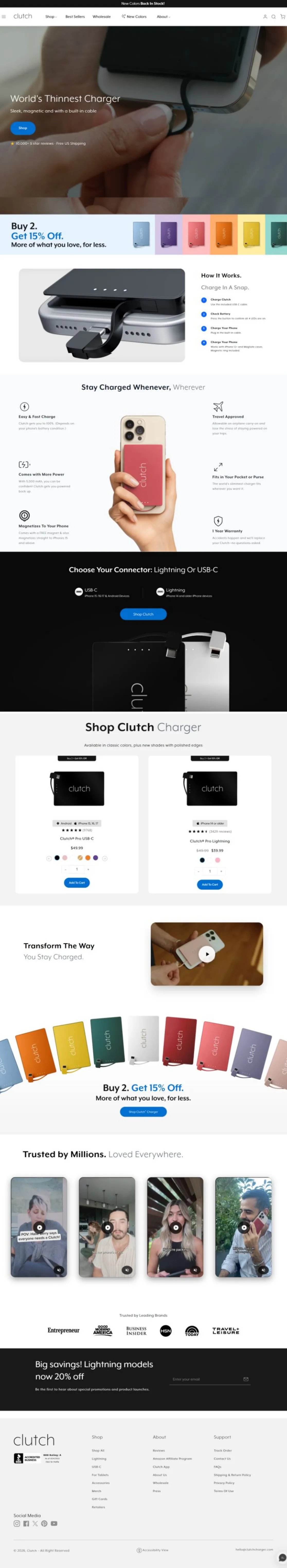 Full-length screenshot of the live Clutch Charger home page: hero, Buy 2 Get 15% Off banner, how it works, connector choice, product cards, video, reviews, press logos, email sign-up and footer
