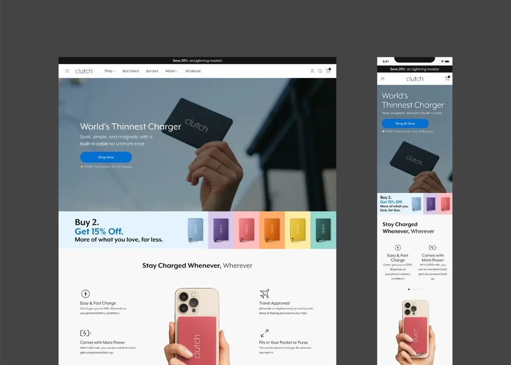 Clutch Charger desktop and mobile website designs