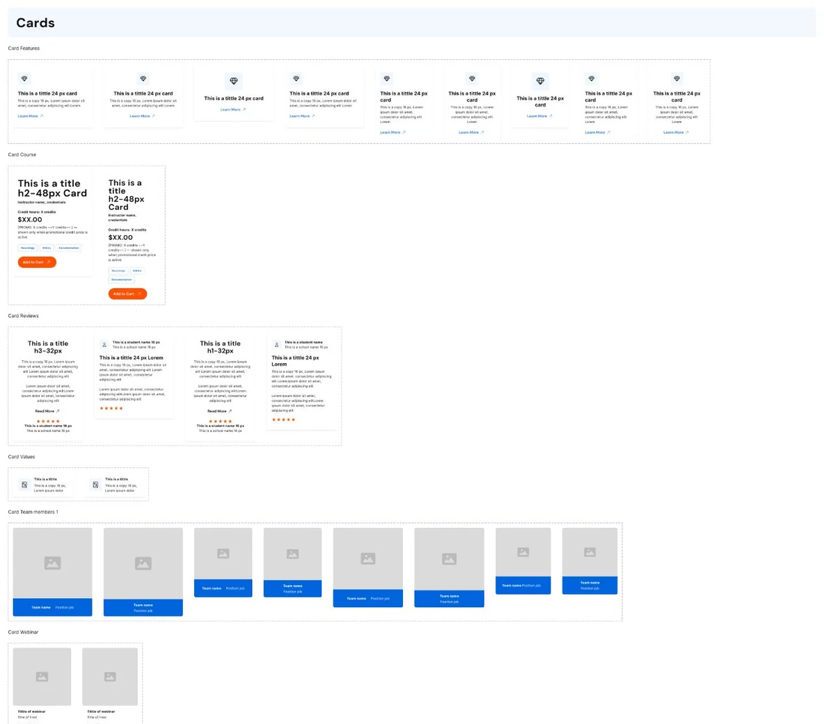 Card components: pricing, review, feature and team member cards