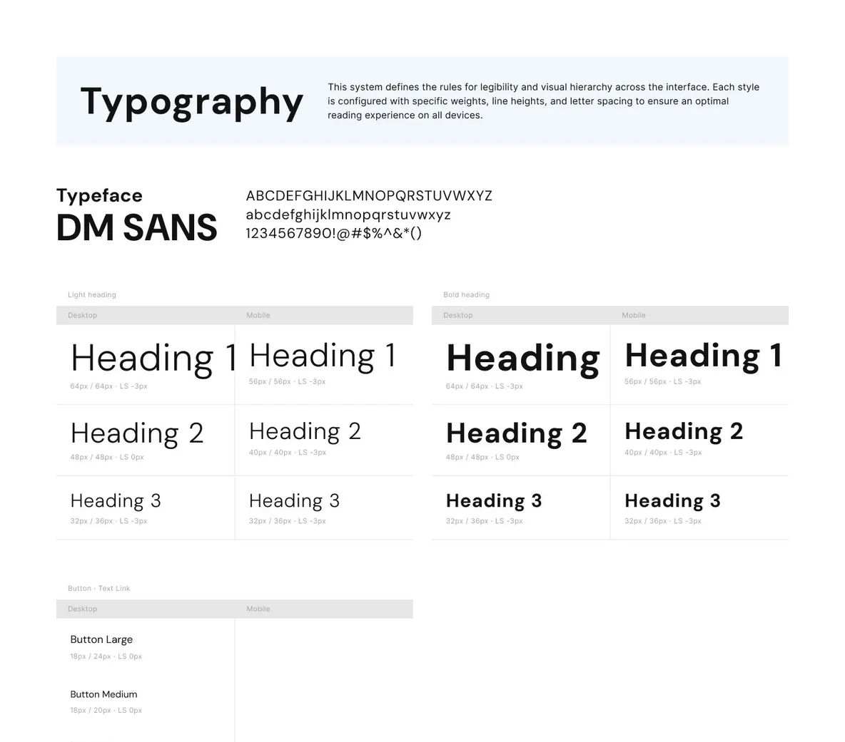 Typography foundations: DM Sans typeface with heading and button styles for desktop and mobile