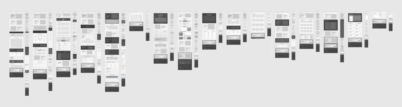 Grayscale wireframe overview of the Edcetera design system pages