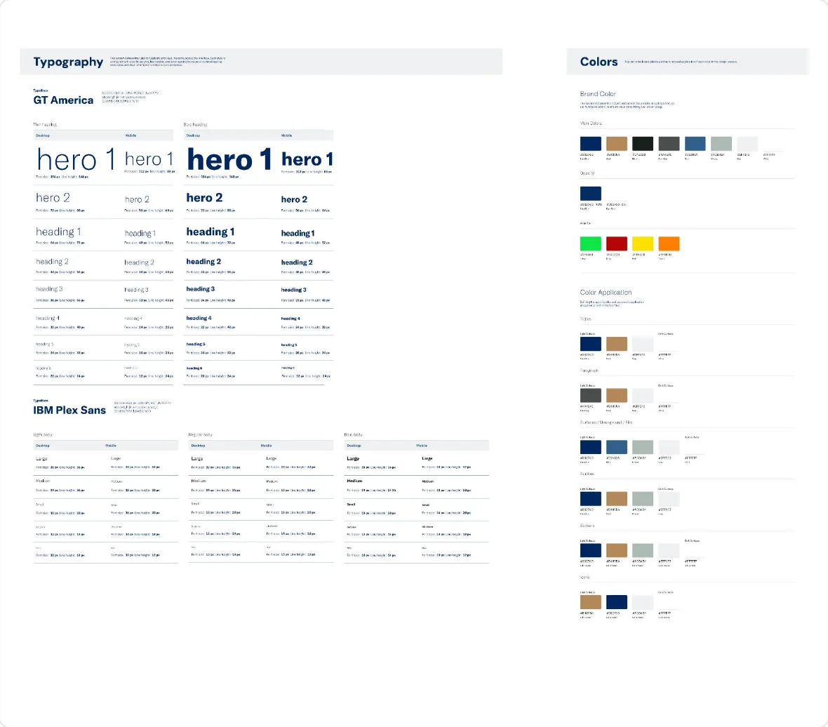 Typography and color foundations: GT America and IBM Plex Sans type styles, brand and application color palettes