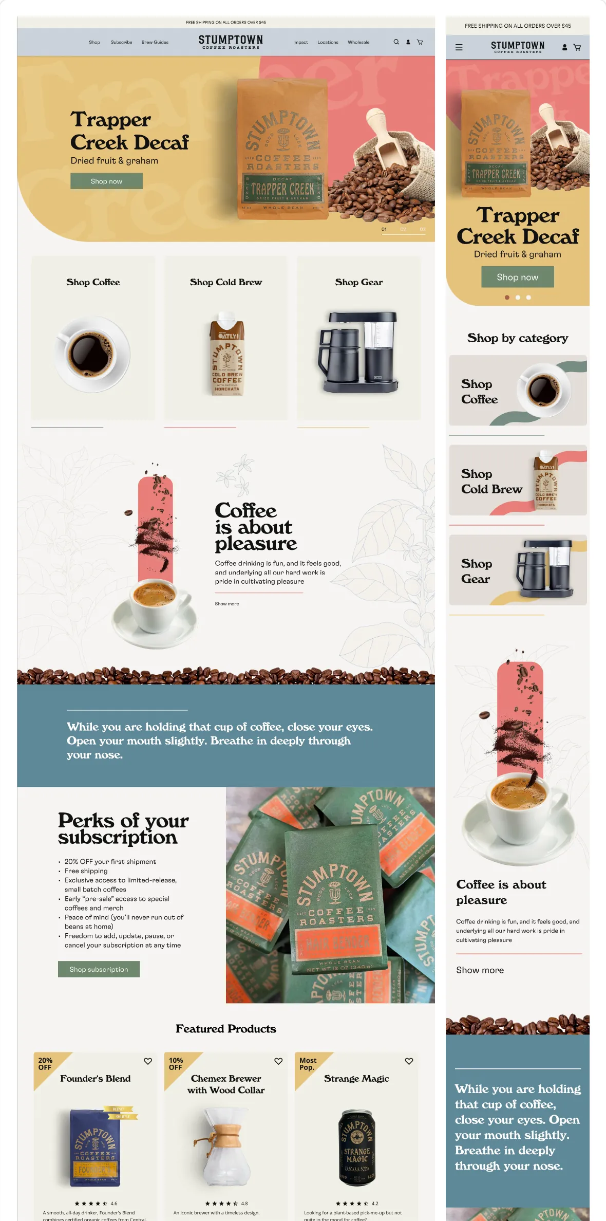 The Figma redesign on desktop and mobile: Trapper Creek Decaf hero, shop by category, Coffee is about pleasure section, subscription perks and featured products