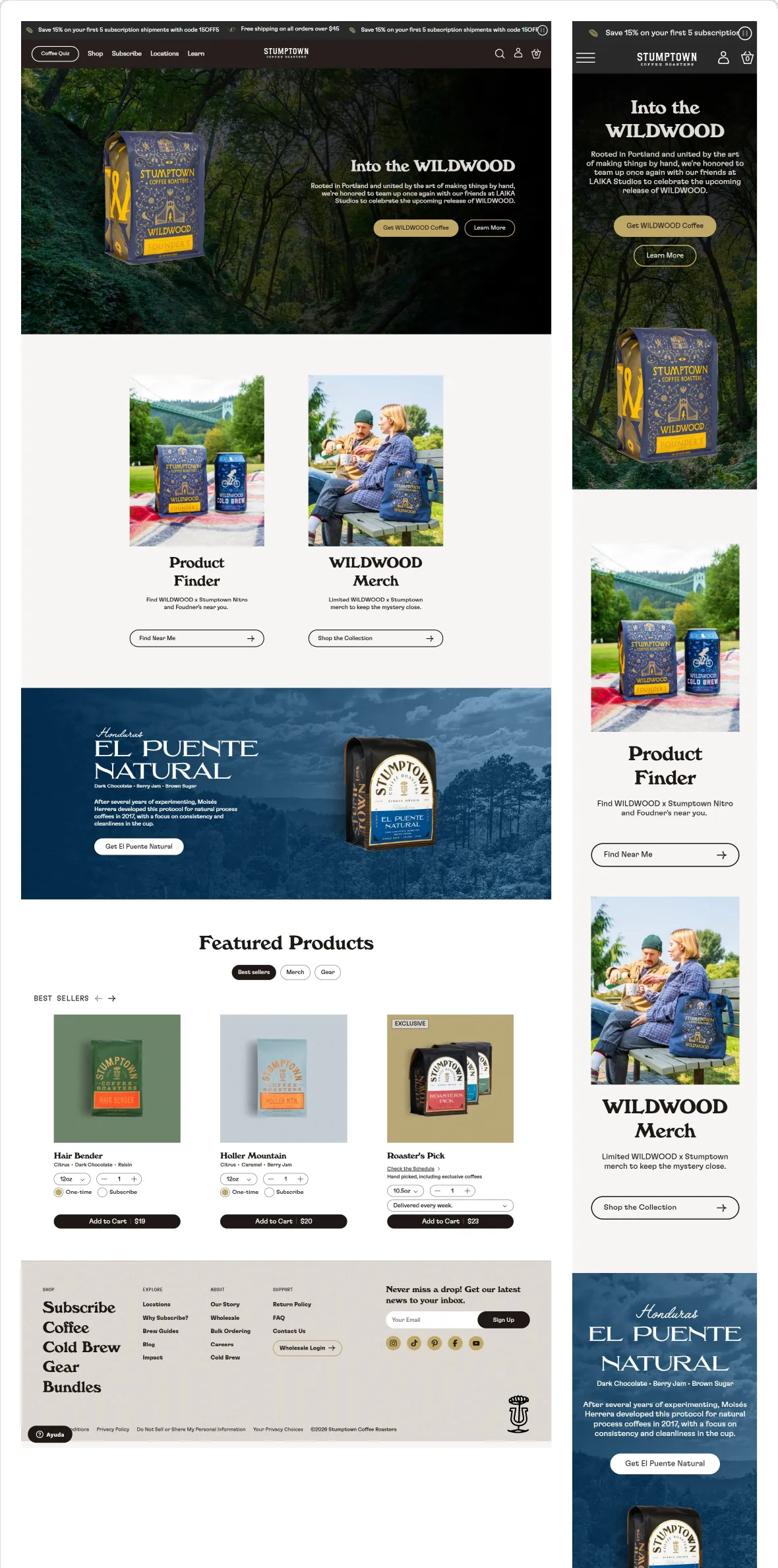 The live Stumptown website on desktop and mobile: Into the Wildwood hero, Product Finder, Wildwood merch, El Puente Natural banner, featured products and footer