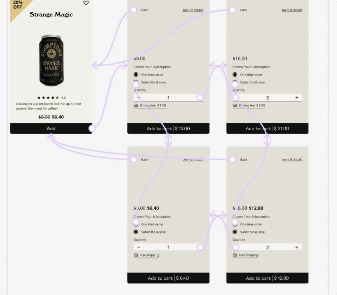 Strange Magic product card and subscription flow: one-time order and subscribe and save options, quantity selector and Add to cart states