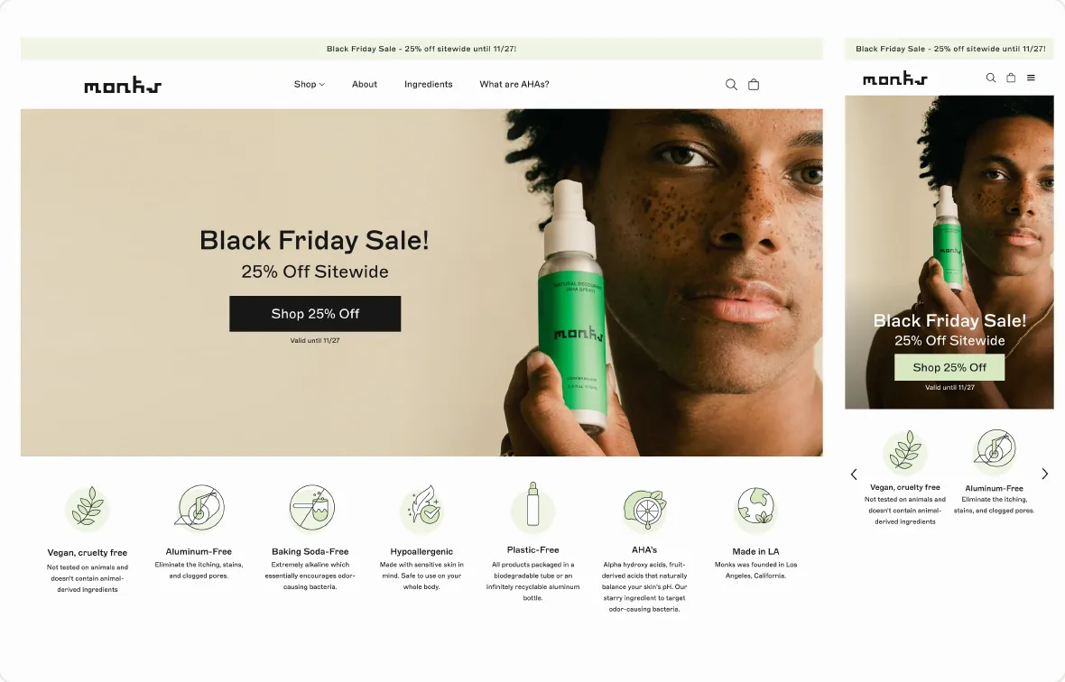 Hero banner for a skincare brand’s Black Friday sale, 25% off sitewide, on desktop and mobile, with a row of product benefits below
