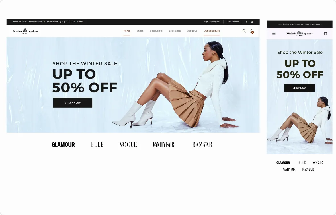 Hero banner for a winter sale on women’s boots, up to 50% off, on desktop and mobile, with a row of fashion magazine logos