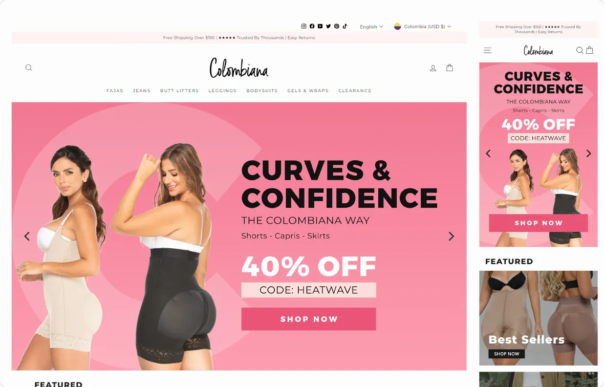 Hero banner for Colombiana, Curves and Confidence, 40% off with code HEATWAVE, on desktop and mobile, with a featured Best Sellers row