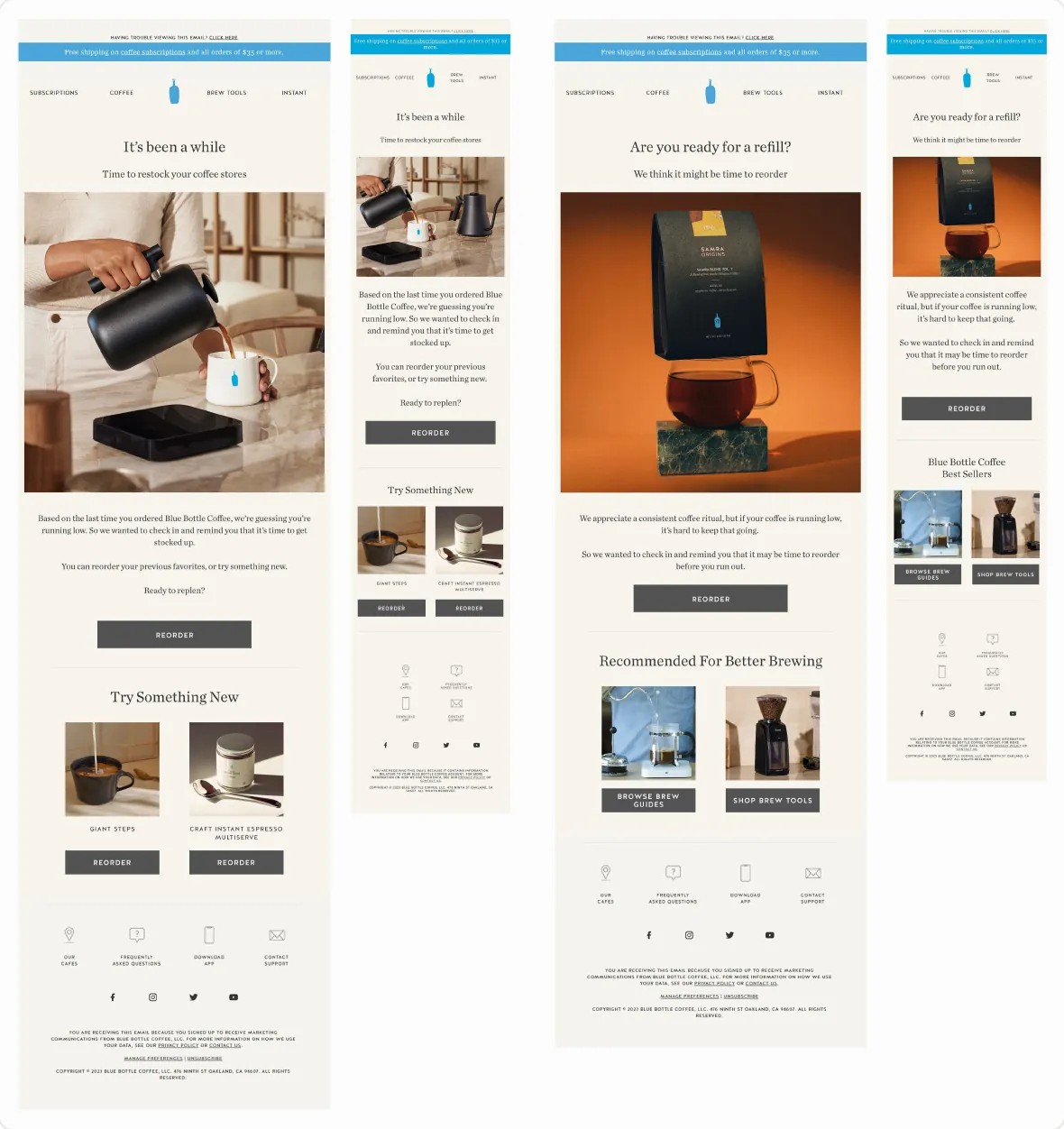 Two Blue Bottle Coffee email templates, It’s been a while and Are you ready for a refill, each in desktop and mobile versions