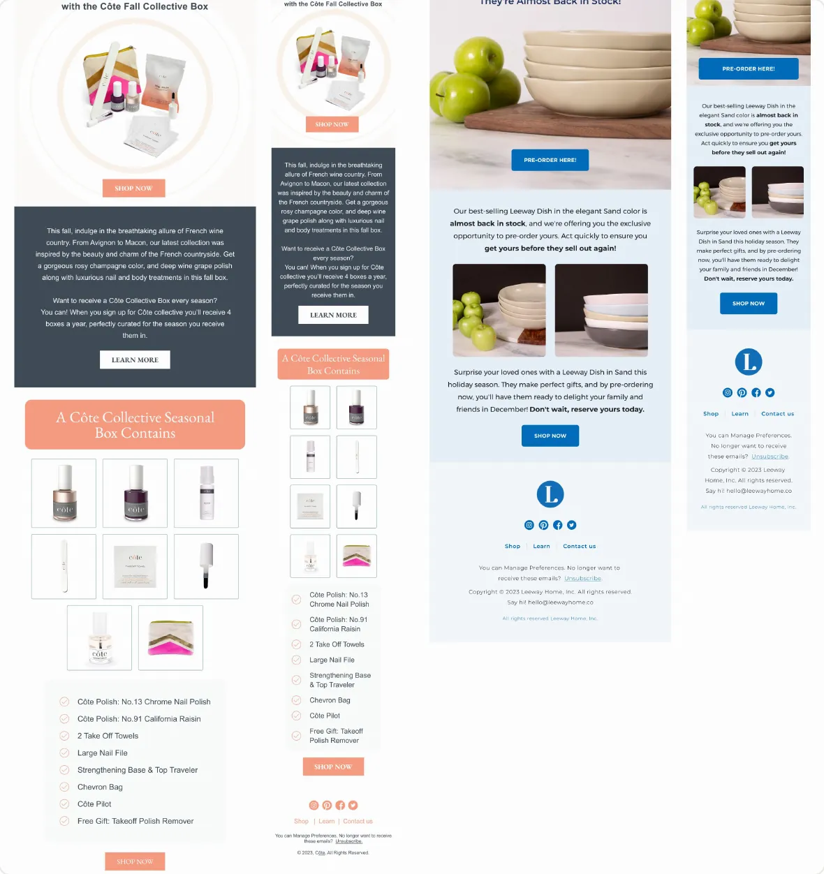 Two beauty and home email templates, a seasonal collective box and a back in stock announcement, each in desktop and mobile versions