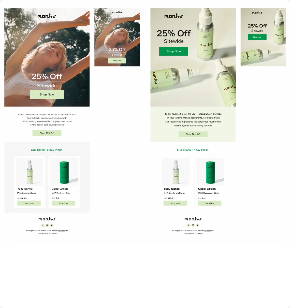 Two Black Friday skincare email templates, 25% off sitewide with picks of the season, in desktop and mobile versions