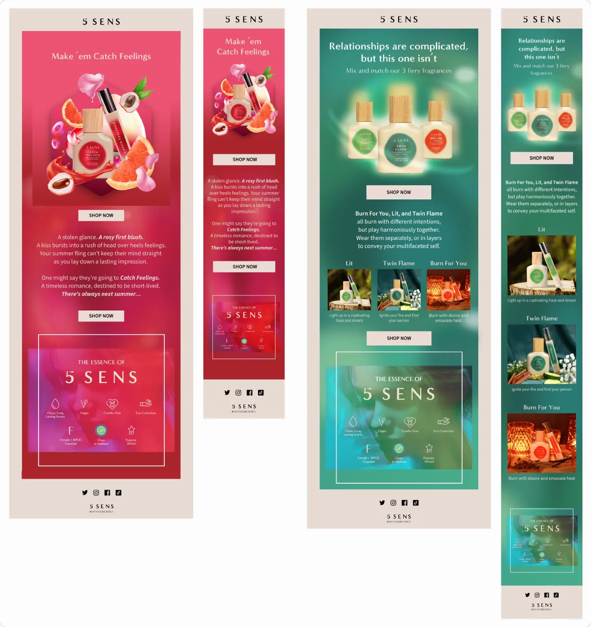 Two 5 Sens fragrance email templates, Make ’em Catch Feelings and Relationships are complicated, in desktop and mobile versions
