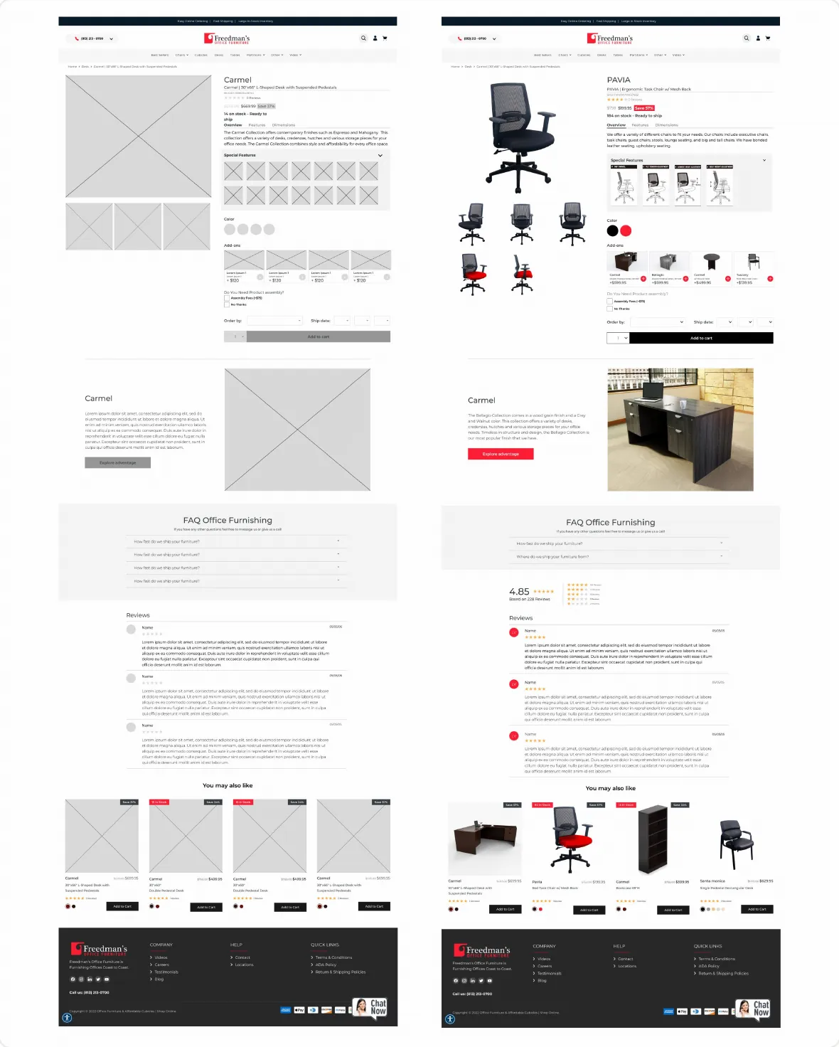 Product page for an office furniture store shown as grayscale wireframes next to the final design, with gallery, product details, FAQ, reviews and related products
