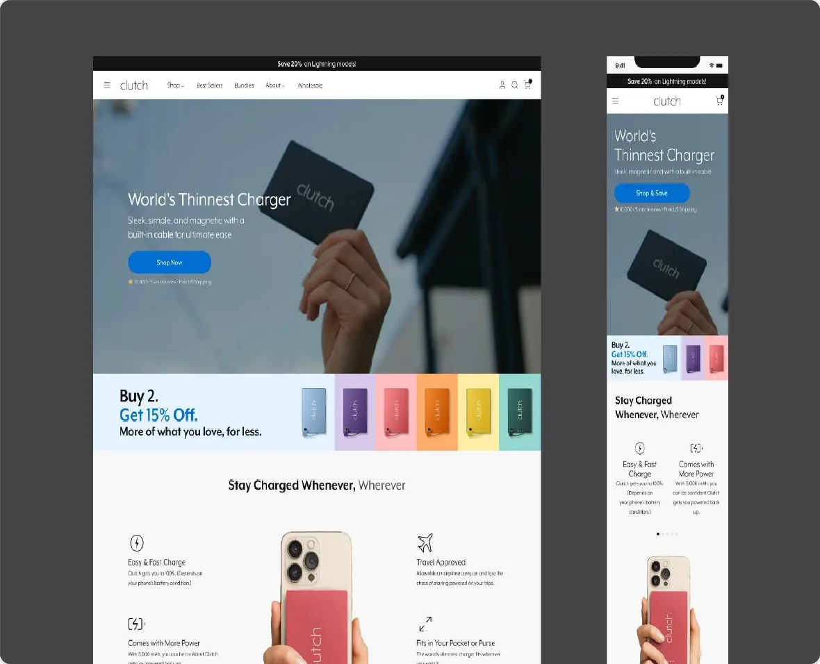 Clutch Charger desktop and mobile website designs
