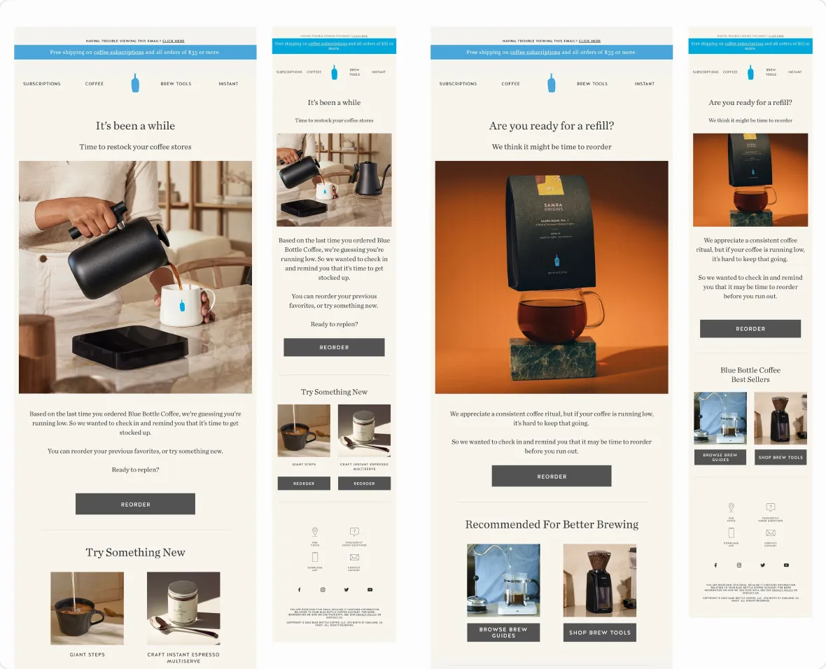 UI components and email template designs for a coffee brand